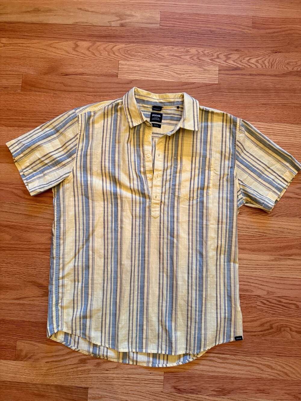 prAna Groveland Popover Size L Yellow Stripe Linen Henley Shirt